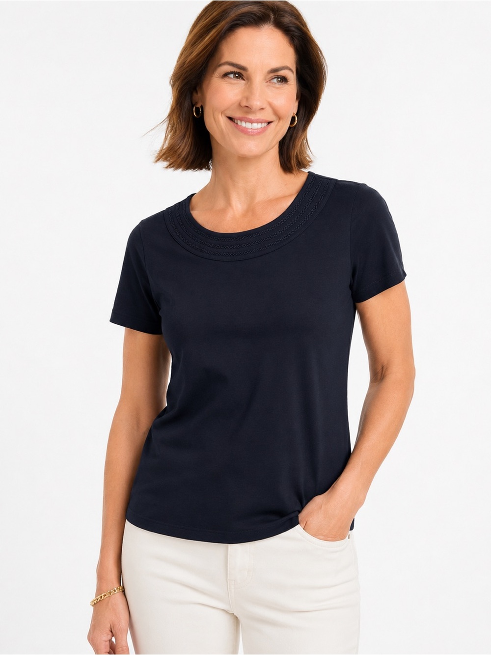Talbots Embroidered Neckline Shirt Navy Blue